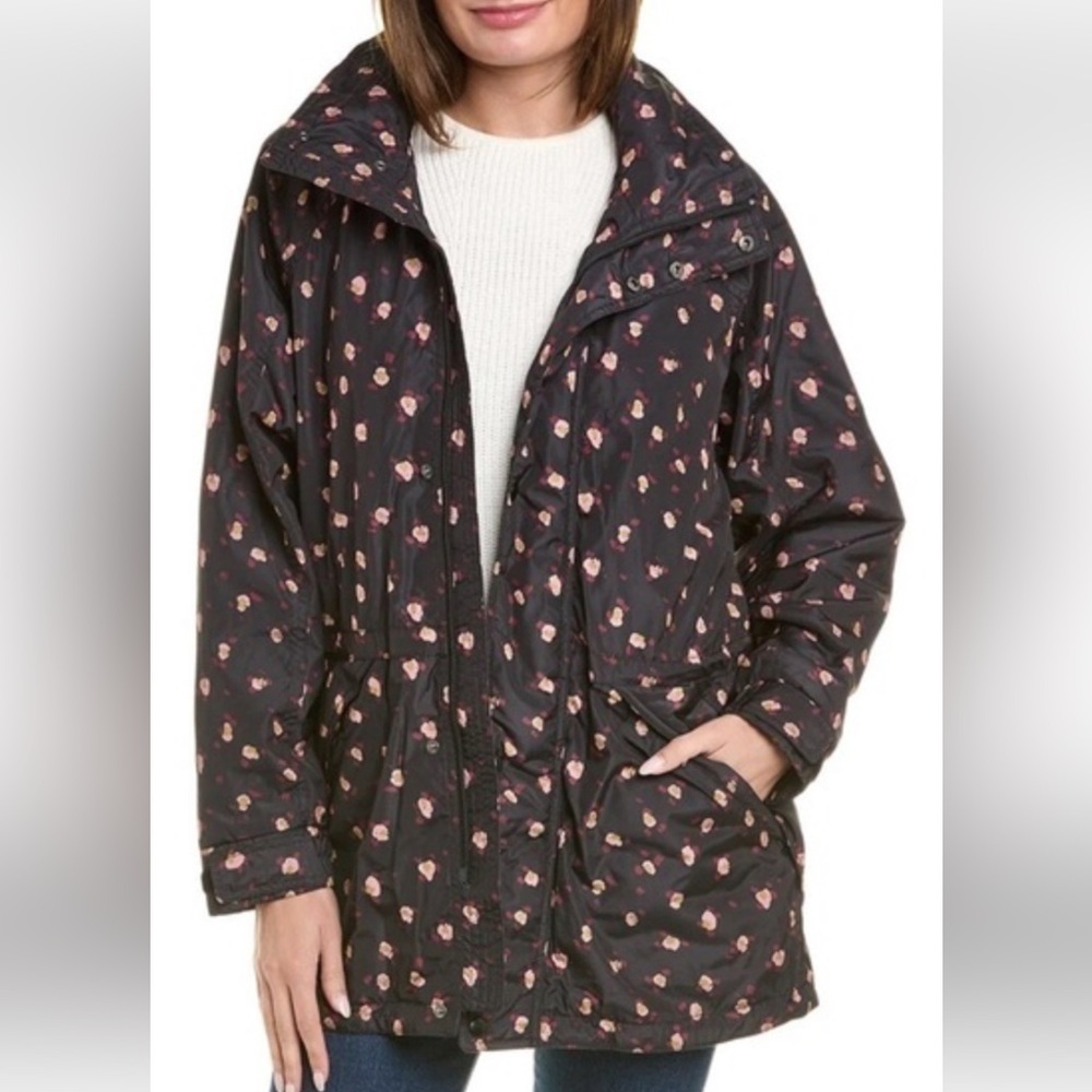 CAbi Black Floral Rainy Day Coat Jacket Womens Zip Hoodie SZ Medium